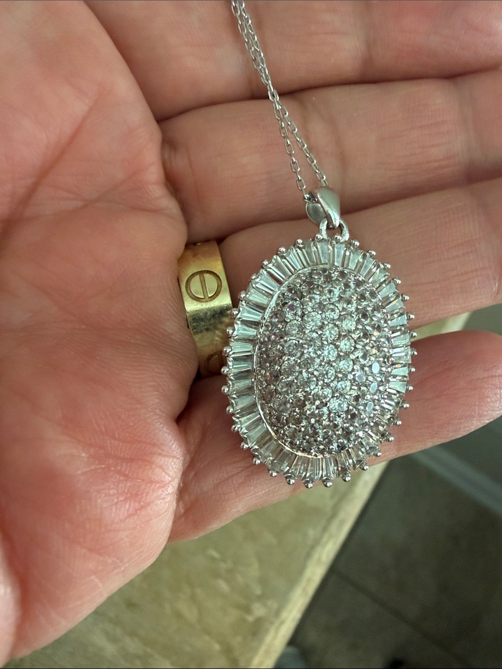 Silver-Tone Pavé Crystal Oval Pendant Necklace